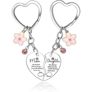 Mother Daughter Heart Keychain Set, 2Pcs Pink Flower Rhinestone Pendant Keychains, Backpack Purse Decor Gift for Christmas Birthday Holiday