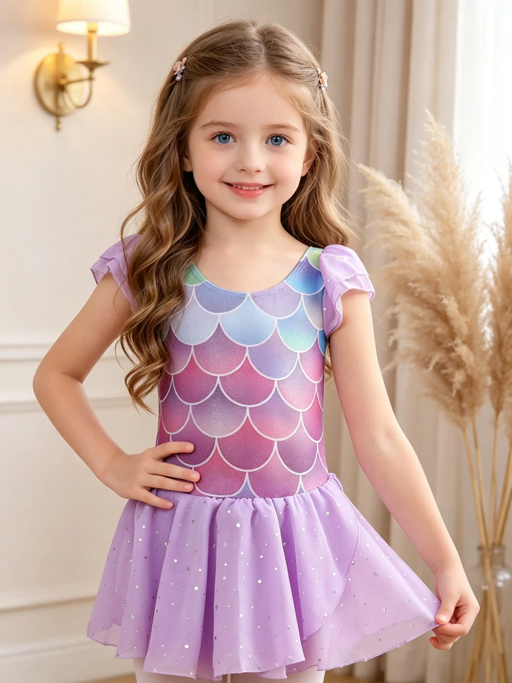 Girls Flutter Sleeve Mermaid Scale Ballet Leotard Princess Tutu Dress, Purple Glitter Tulle Ballerina Outfit for Dance Class & Mermaid Dress Up