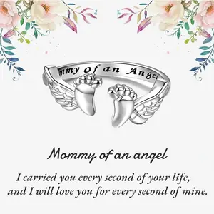 Mother's Day Gift Adjustable Letter&Wing Design Cuff Ring, Fashionable Jewelry for Women, Unique Angel Wing & Foot Shape