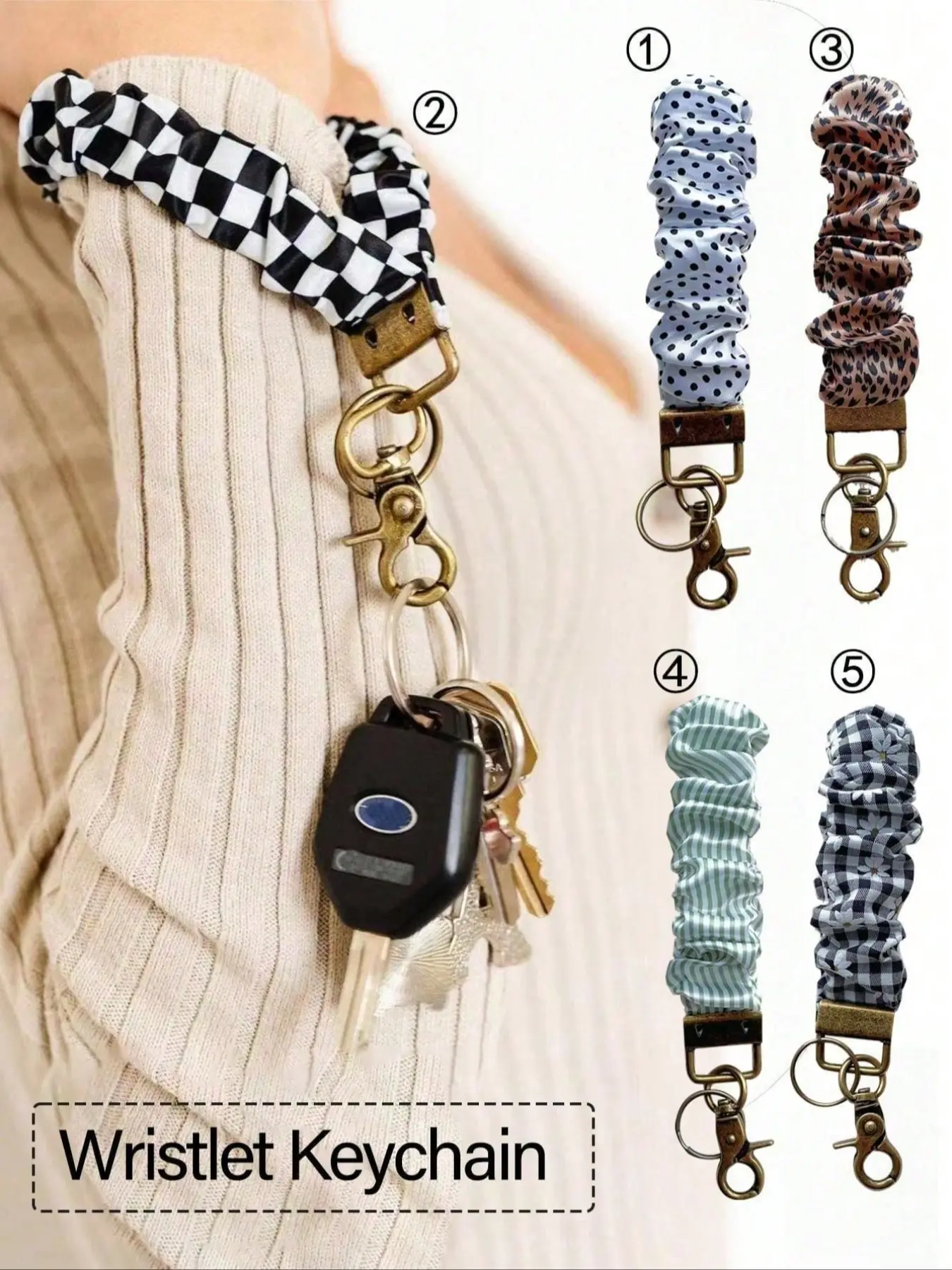 1pc Wristlet Keychain for Women, Scrunchie Bracelet Key Ring with Clip Closure, Stretchy Wrist Lanyard Keychain for Car Keys, Black and White Checkered, Daisy and Striped Patterns, Keychain Wristlet for Gifts, Keychain for Bags