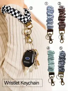 1pc Wristlet Keychain for Women, Scrunchie Bracelet Key Ring with Clip Closure, Stretchy Wrist Lanyard Keychain for Car Keys, Black and White Checkered, Daisy and Striped Patterns, Keychain Wristlet for Gifts, Keychain for Bags