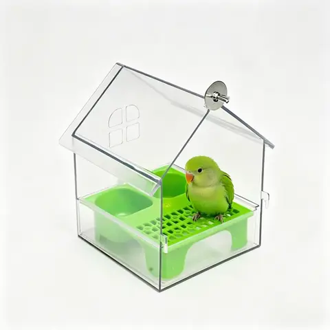 2-in-1 Acrylic Plastic Panoramic Roof Animal Bird Feeder Station, Detachable Parrot Feed&Bath, Seed-Husk Sieve, Pull-Out Drawer, Mess-Free Feeding Tool for Parakeets/Lovebirds with Mounting Screw Set