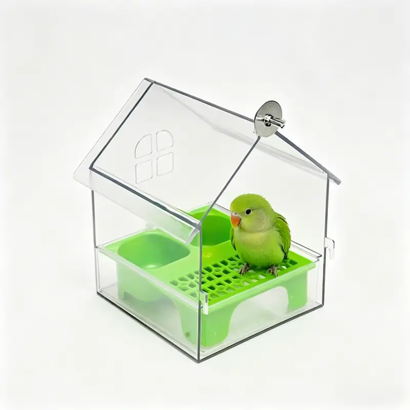 2-in-1 Acrylic Plastic Panoramic Roof Animal Bird Feeder Station, Detachable Parrot Feed&Bath, Seed-Husk Sieve, Pull-Out Drawer, Mess-Free Feeding Tool for Parakeets/Lovebirds with Mounting Screw Set
