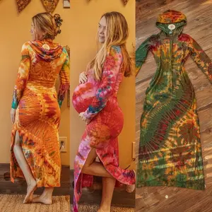 Hippie Bohemian Tie Dye Long Hoodie Dress for Maternity, Festival and Winter Wear