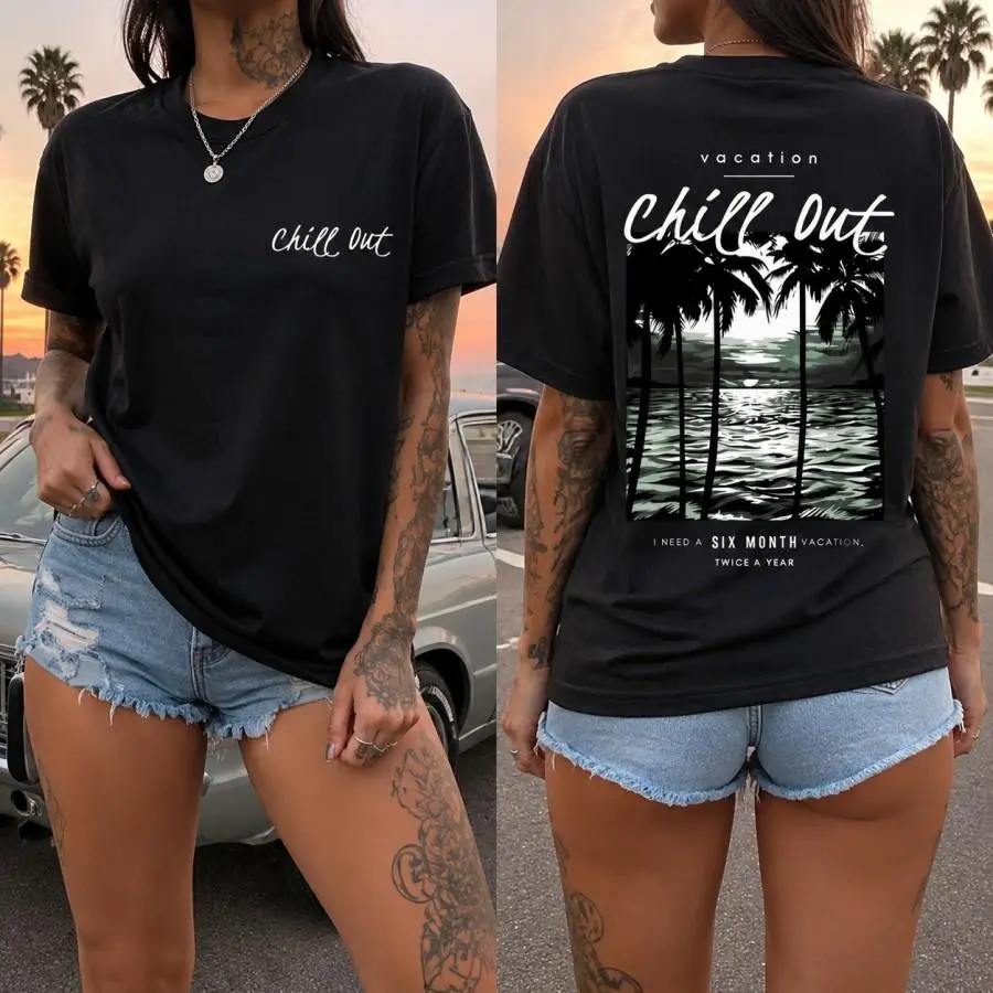 Chill Out Palm Tree Graphic Oversized T Shirt For Women Summer Vacation Casual Short Sleeve Tops Beach Outfit Streetwear Soft Comfortable Aesthetic Daily Tee