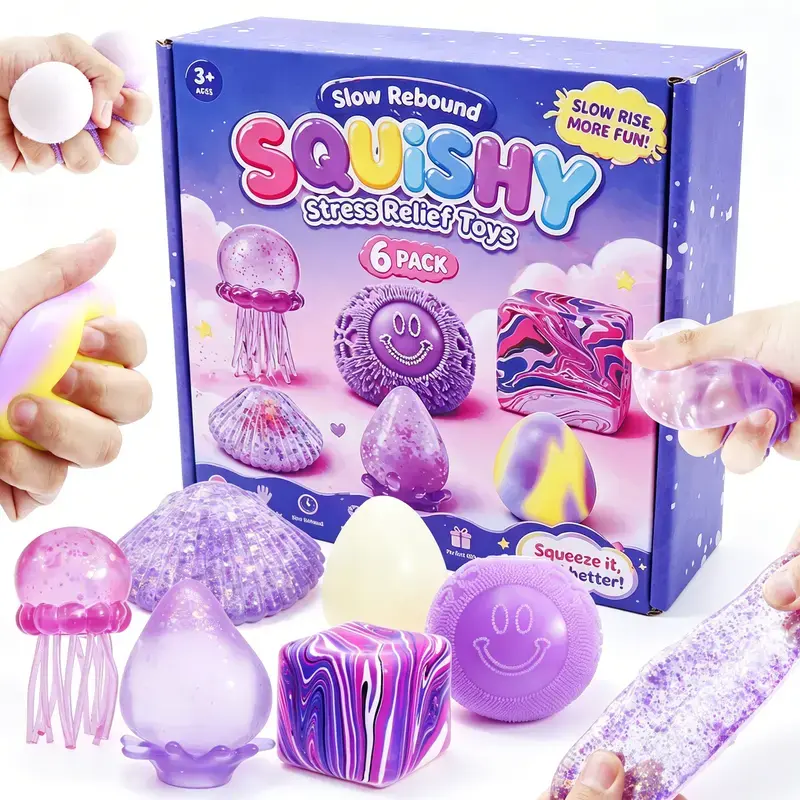 6-Piece Malt Sugar Stress Relief Fidget Toy Set, Sensory Bundle with Creative Slow-Return Squishy Designs, 6 Different Styles, Party Gift