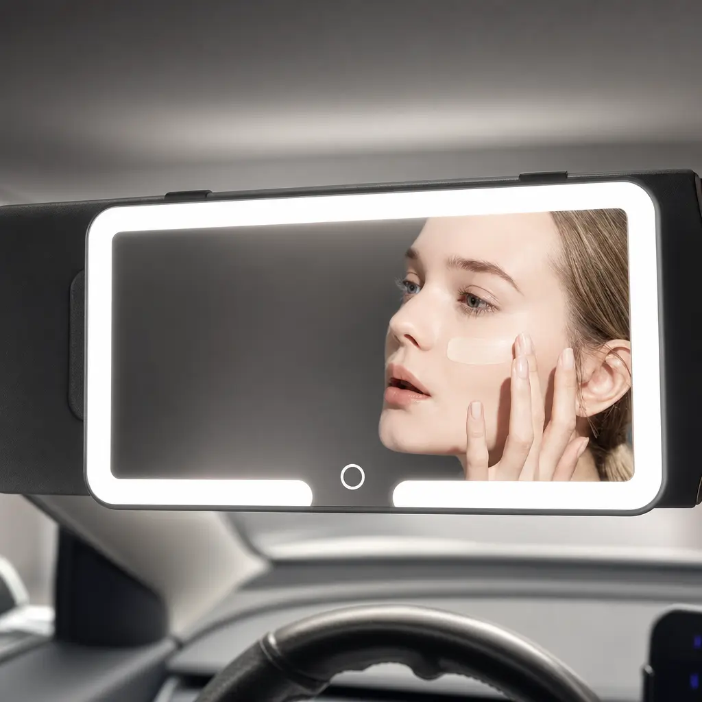 Portable Rechargeable Car Visor Mirror, Touch Activated Dimmable LED Vanity Mirror, Multicolor Light Auto Makeup Mirror
