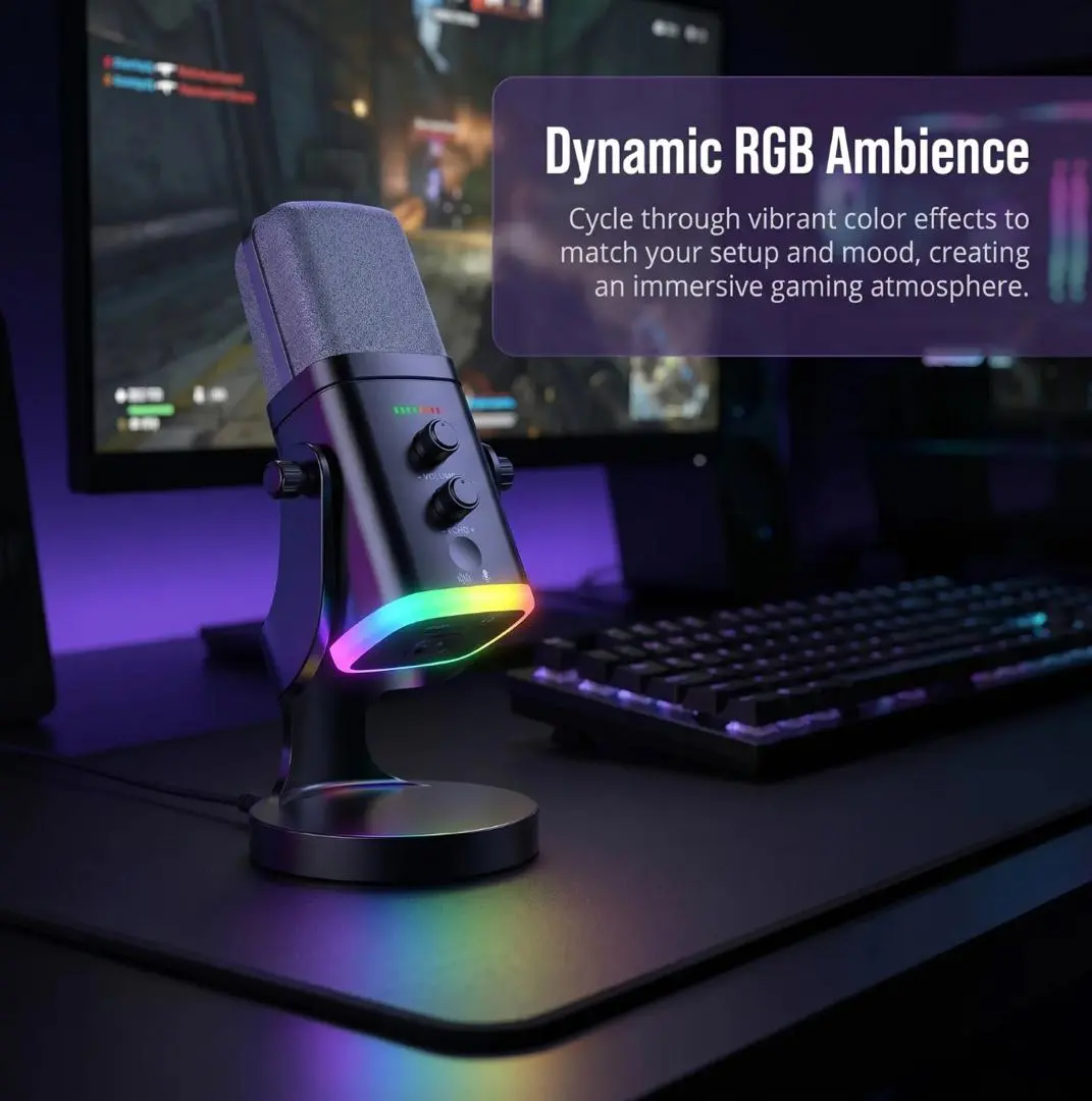 Compact XLR-USB Dynamic Microphone with Audio Enhancement, RGB Lights, Mute Button, Headphone Jack, Desktop Stand, Recording Capability, Ideal for Streaming, Gaming, Content Creation