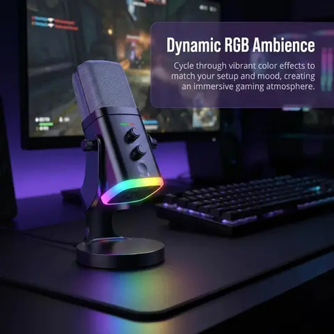 Wired Compact Dynamic XLR-USB Microphone (100x140mm) with RGB Lights, Dual Connect, PC & Laptop/Mobile Compatible, 3.5mm Headphone Jack, Enhanced Audio, Mute Function, Desktop Stand, Gaming, Recording Capability, Live Podcasts
