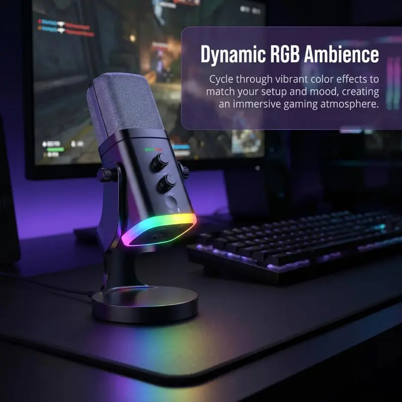 Wired Compact Dynamic XLR-USB Microphone (100x140mm) with RGB Lights, Dual Connect, PC & Laptop/Mobile Compatible, 3.5mm Headphone Jack, Enhanced Audio, Mute Function, Desktop Stand, Gaming, Recording Capability, Live Podcasts