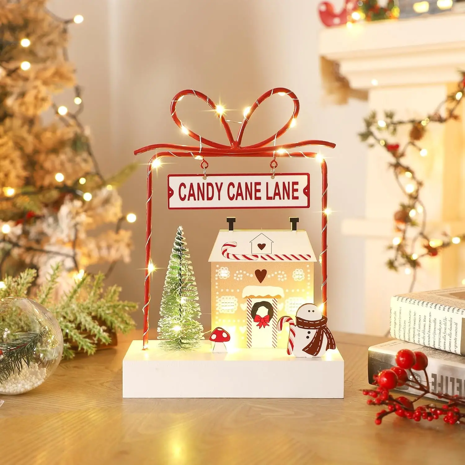 Christmas Tabletop Decoration, Wooden Lighted Battery Operated Indoor Christmas Table Decorations (Candy Cane Lane & Giftbox)