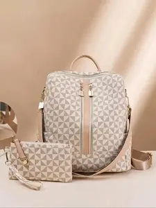 Fashionable Geometric Pattern Backpack & Wristlets Bag, Lightweight Casual Daypack, Casual Large Capacity Backpack, Trendy Versatile Travel Durable Backpack for Women Patent Leather Hobo Bag Designer Style