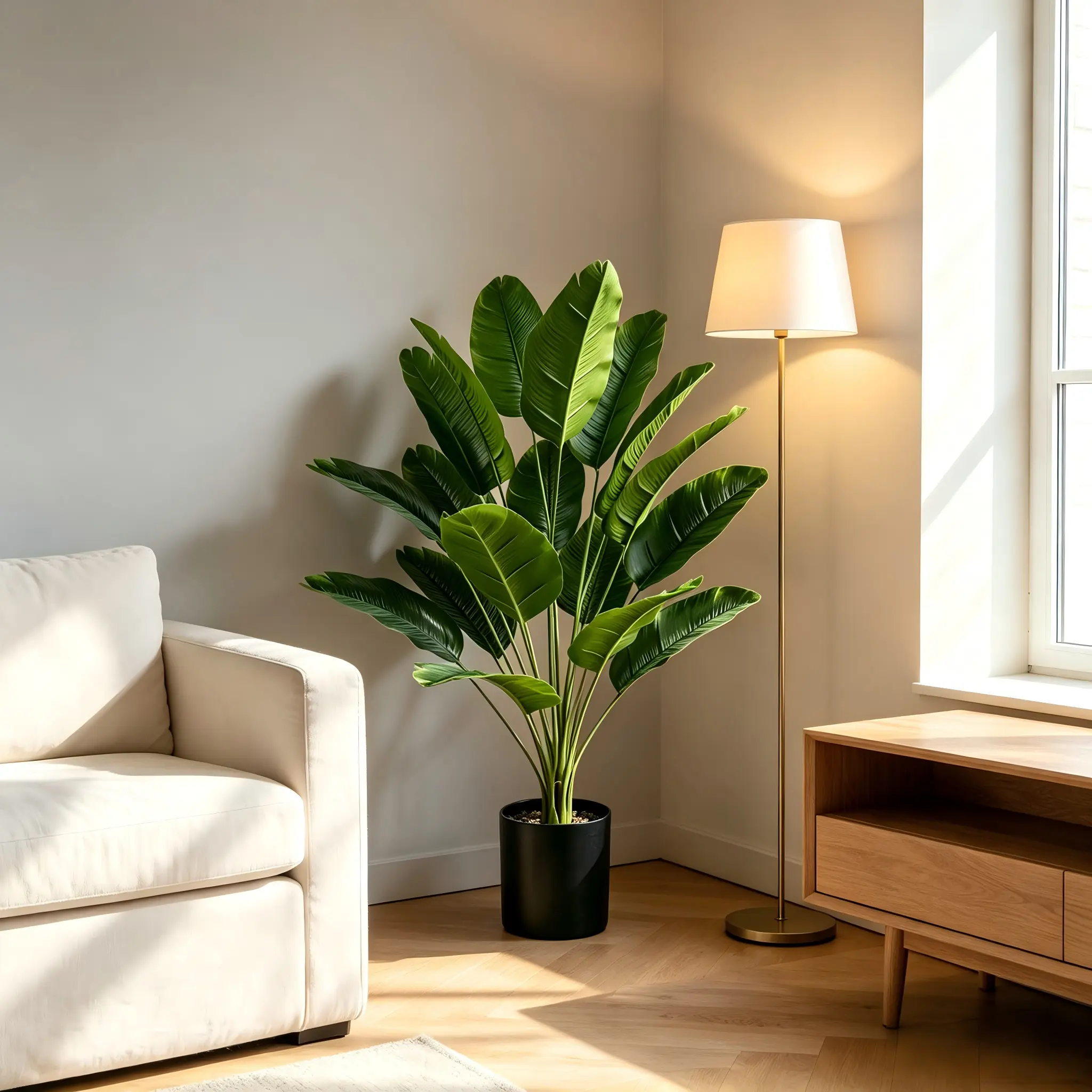 Outdoor wedding 31in inch simulation bird of paradise plants, imitation traveler plantain leaves potted plants, imitation tropical palm leaves indoor ground decorations, suitable for home offices, living rooms, simulation of green plants.