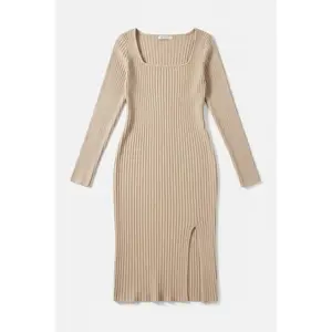 Women's Casual Square Collar Long-Sleeve Knitted Dress, Polyester Geometric Fabric