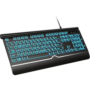 Large Print Backlit Keyboard, Wired USB-A Computer Keyboard with Wrist Rest, 7-Color Backlit,  Letter  Easy to See, Plug-and-Play, Silent, Foldable Stands for Windows/PC/Laptop