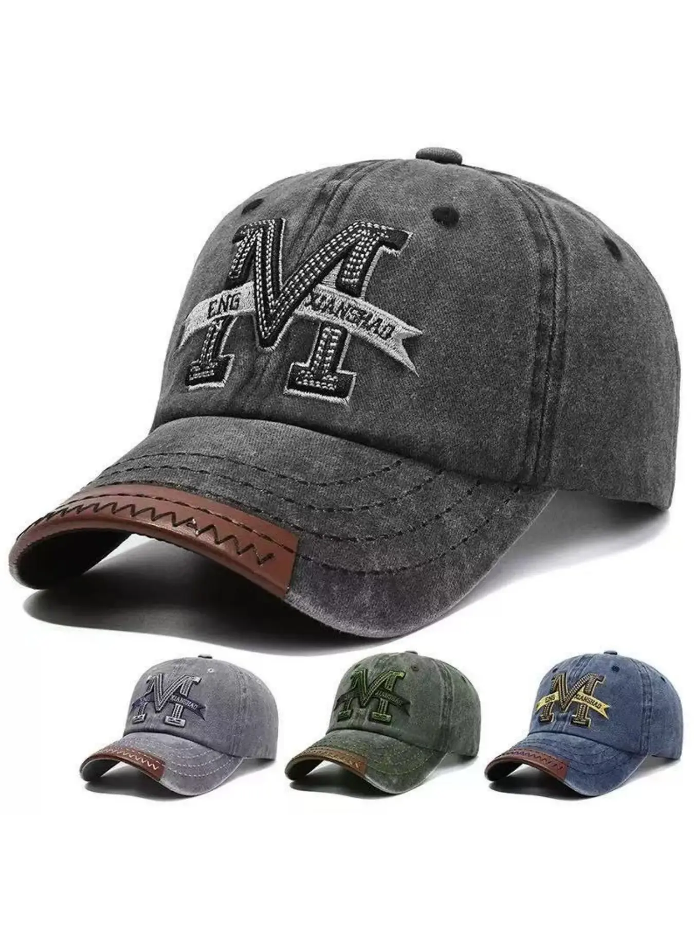 Vintage Denim Embroidered Baseball Cap, Washed Jean Sun Hat, Unisex Fit Outdoor Shade Cap, Varied Patterns, All-Season Wear, M Label Embroidery Stitching