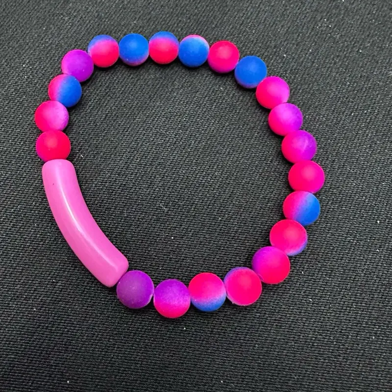 Women's Custom Name Adjustable Bracelet - Bright Pink Colorful Plastic Elastic Bead Cord Bangle, 7-7.5 in Fit, Blue Beaded Fashion Costume Jewelry Accessory (No small ball choking hazard), Elastic Bead Cord Bracelets & Bangles, Colorful Bracelets & Bangle