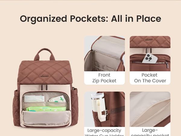 LOVEVOOK Diaper Bag Backpack With Pocket For Large Capacity Cup,Multi-Function Baby Travel Bag For Mom Dad,Waterproof Baby Bag for Boys Girls with Changing Pad,Insulated Bag,Stroller Straps,Brown
