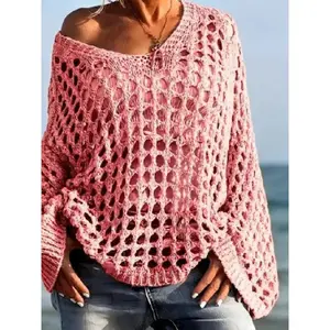 Women's Boho Crochet Oversized Sweater - Sexy Hollow Out V-Neck Mesh Knit Pullover Beach Cover Up, Lightweight Loose Batwing Sleeve Summer Jumper