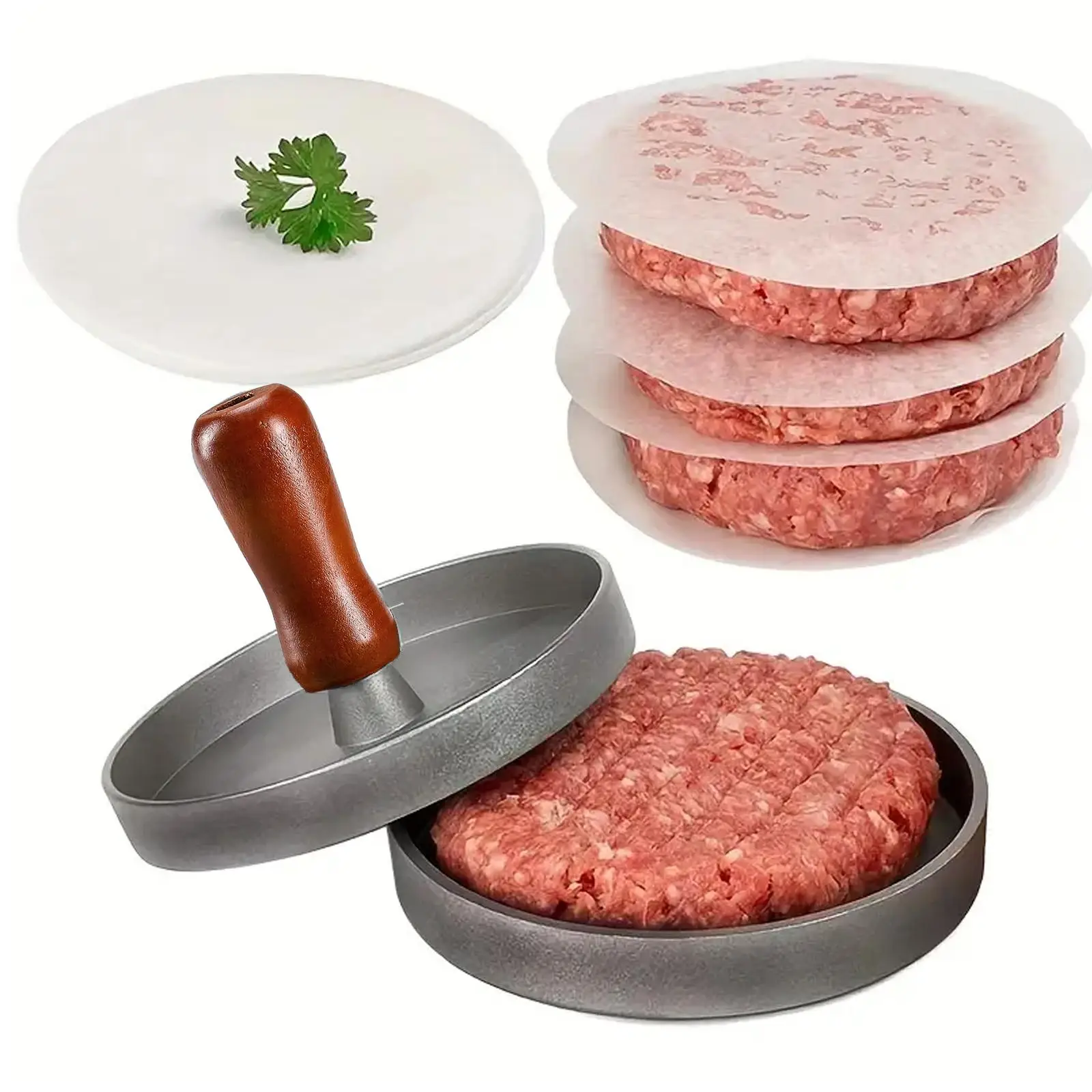 Non-stick Burger Press, Stainless Steel Hamburger Patty Maker with 100 Wax Papers, Burger Press for Grill Griddle BBQ Barbecue, Kitchen Tool, Barbecue