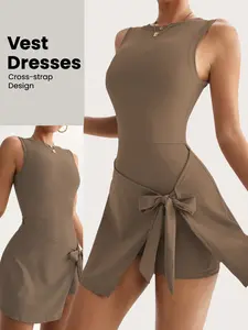 Women's Sleeveless Slim-Fitting Dress Set, Round Neck Fit Shoulder Design, Waist Bow Decor, Split Skirt, Slit, Breathable Fabric, Casual & Stylish, Womenswear