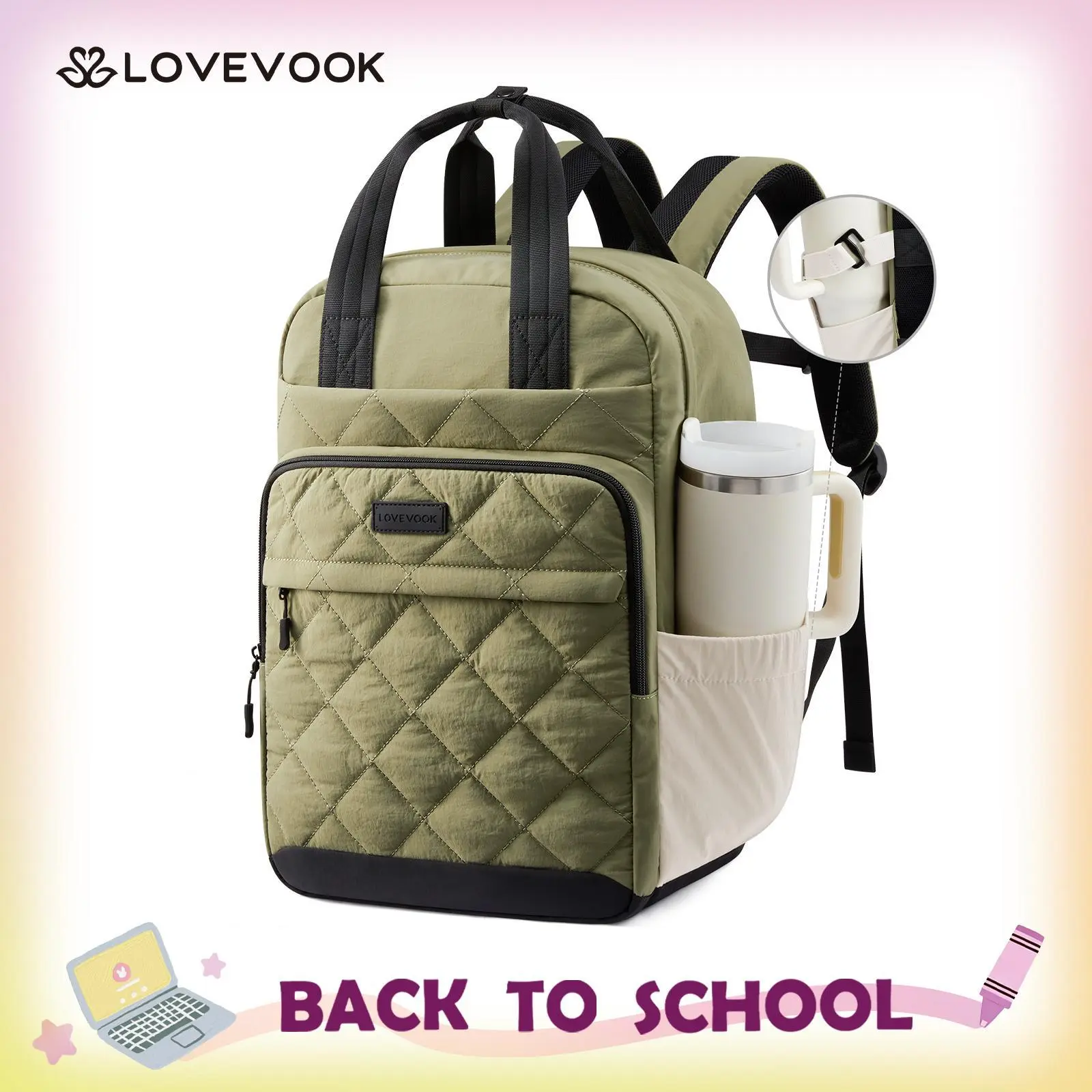 LOVEVOOK Puffer Backpack for Women Fits 15.6 Inch Laptop, Quilted Travel Backpacks Purse with Large Cup Holder, Teacher Computer Work Bags College Shool Bookbag, Puffy Carry On Personal Item Bag