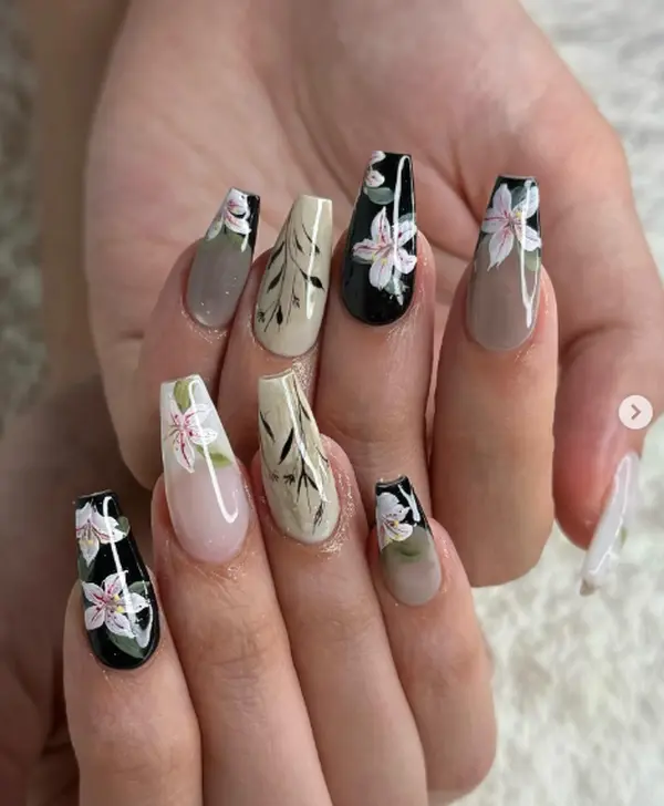 Floral Press On Nails, Hand Painted Cherry Blossom Black Taupe Cream Nails, Elegant Square Coffin Spring Nail Art Set