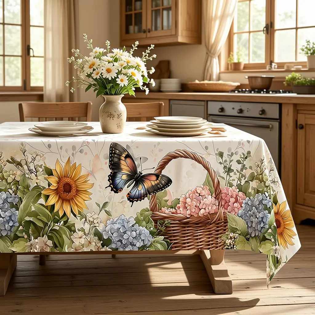 Summer tablecloth, decorated with white and yellow, featuring butterflies, sunflowers and baskets, round, rectangular and oval shapes, suitable for banquets, restaurants, parties, festivals, outdoor events, birthdays, polyester/washable, clearance sale