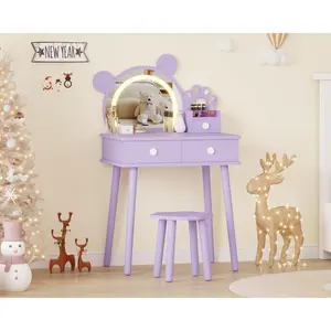 Purple/Pink Kids Vanity Set Bear Shaped Makeup Vanity Desk with Lights Mirror Wooden Princess Toddler Makeup Table Set for Little Girls