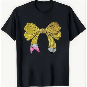 Glitter Bow Pencil T-shirt Sparkly Golden Bow Tie Design Teacher Student Artist Gift Back To School Graduation Celebration Unique Educator Apparel Cute Tee