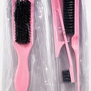 Pink Hair Brush and Comb Set with Black Bristles for Styling and Grooming