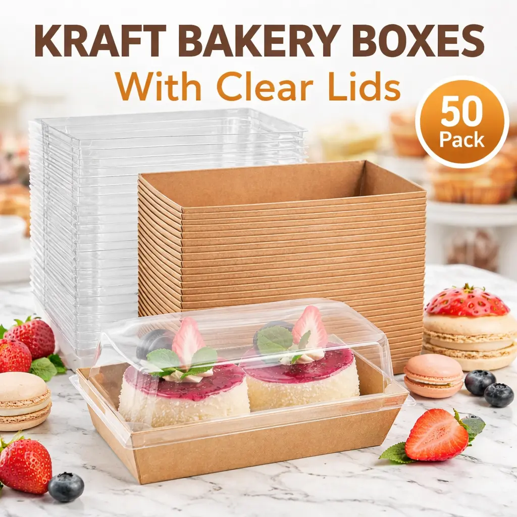 Disposable Charcuterie Bakeware Boxes 50pcs – 6.1x3.3x2.5" Pre-Assembled Kraft Paper To-Go Containers with Clear Lids for Cupcakes, Strawberries, Desserts – Mid-Year Sale Deals, Restock