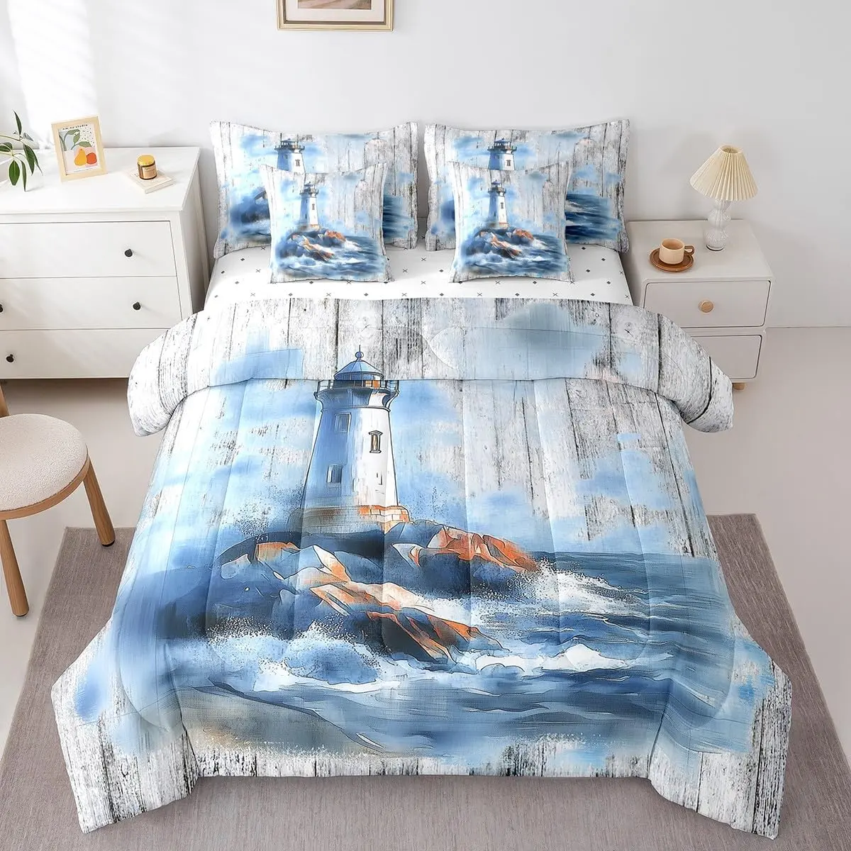 Lighthouse Comforter Set 7 Pieces Kids,Ocean Sea Bedding Set Boys Girls,Islands Coastal Bed in a Bag,Comforter + Sheets + Pillowcases + Cushion Covers