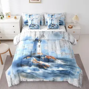 Lighthouse Comforter Set 7 Pieces Kids,Ocean Sea Bedding Set Boys Girls,Islands Coastal Bed in a Bag,Comforter + Sheets + Pillowcases + Cushion Covers