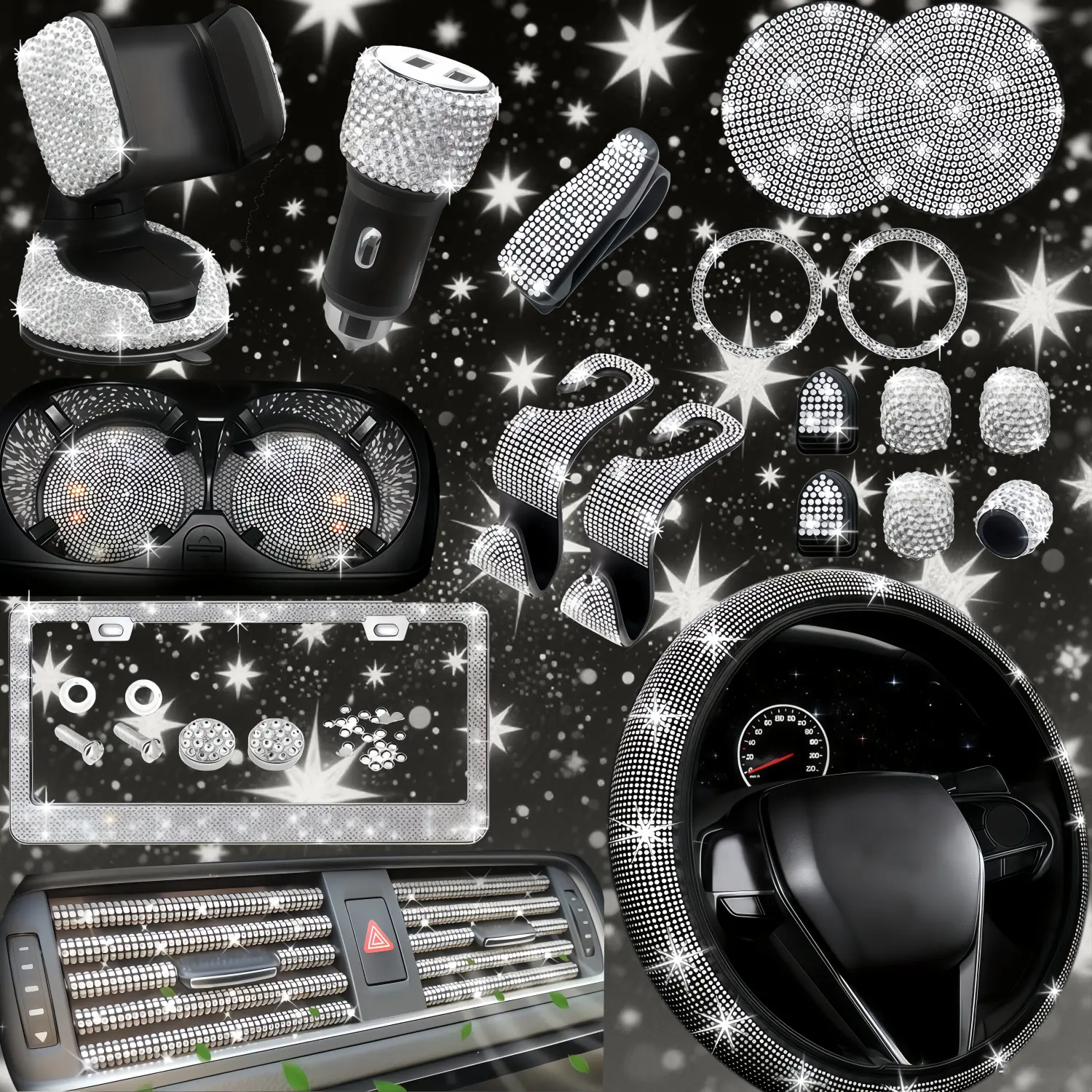 Bling Car Accessories 27-Piece Silvery Glam Kit with 15" Universal Glitter Steering Wheel Cover Glitter License Plate Frame Cell Phone Holder & Coasters for Women
