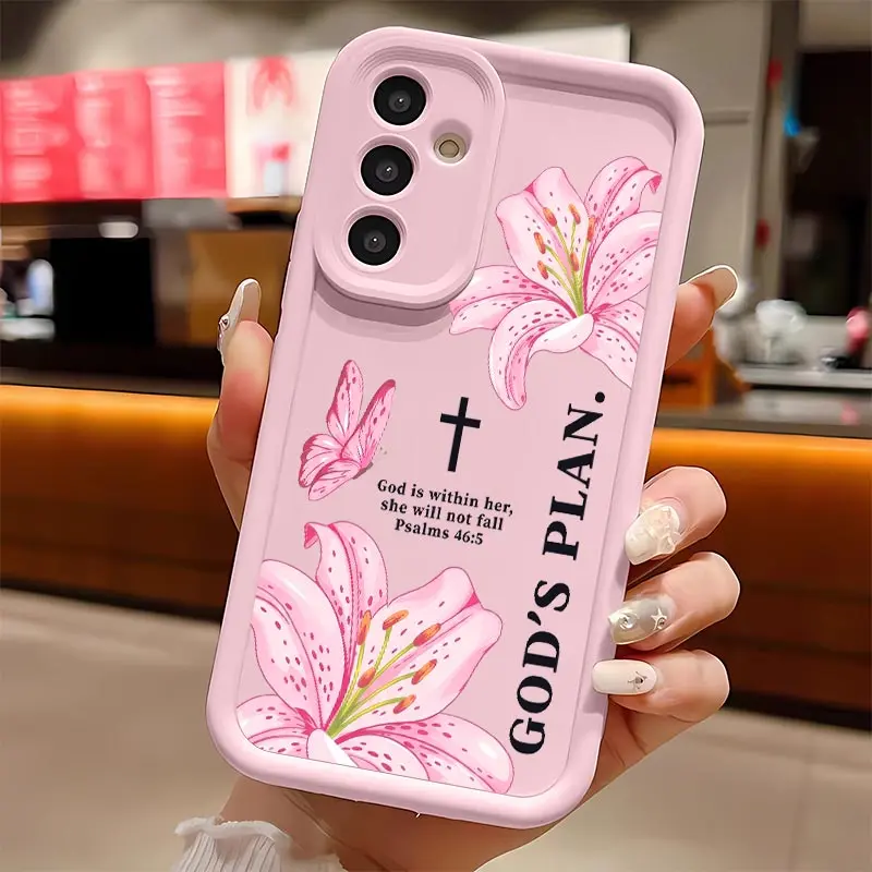 Bibical Cross and Lily Soft Silicone Phone Case For Galaxy S26Ultra/S25Edge/S24fe/S23/S22/S21Plus/A13/A14/A15/A16/A17/A33/A34/A35/A36/A52/A53/A54/NOTE20 Drop Protection|Full Camera Protection|Anti-Scratch|Non-Slip|Perfect Birthday Gift for Her