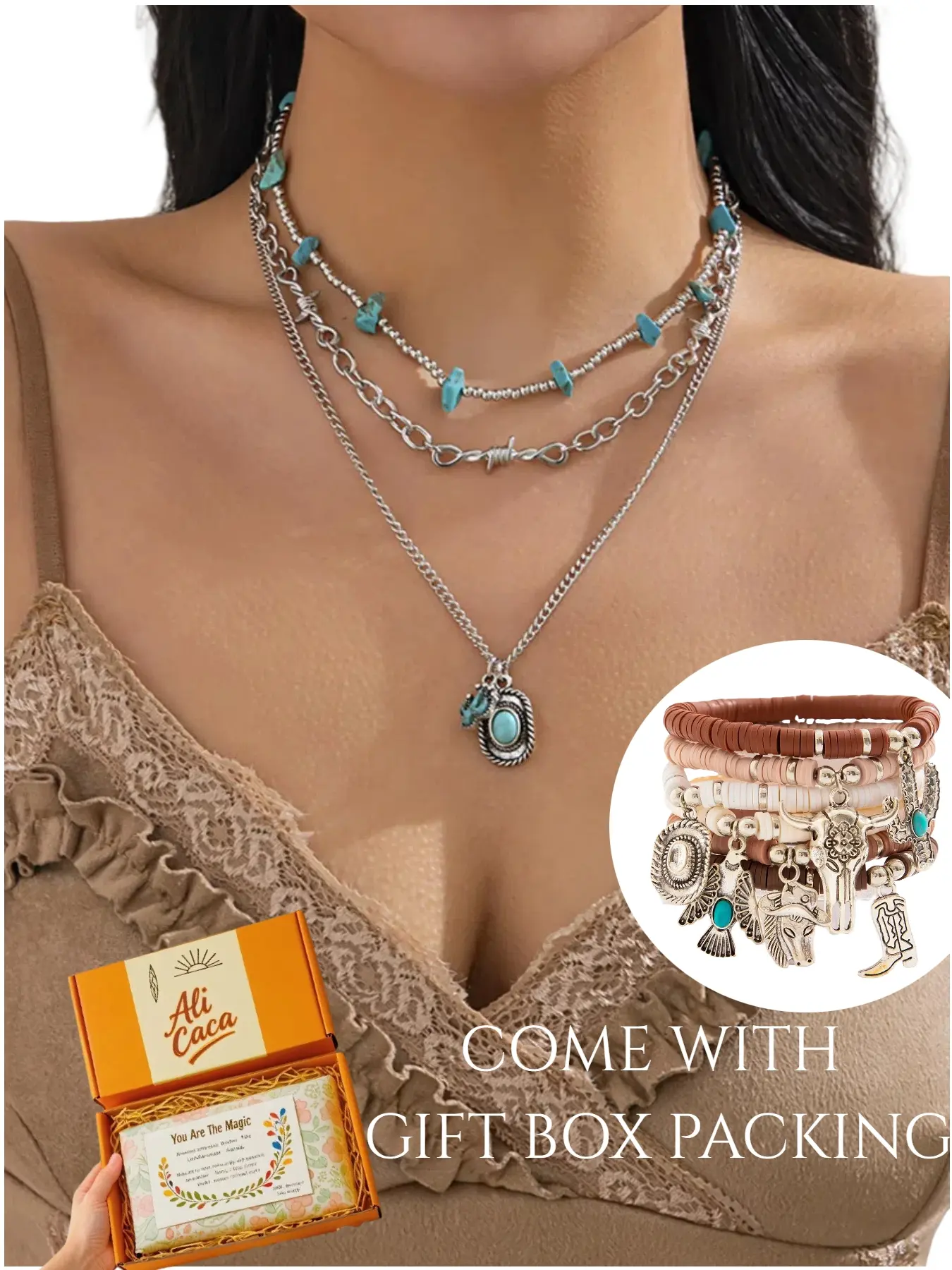 Bohemian Mexican Lapis Jewelry Set, Unique Vintage Geometric Pendant Necklace & 6 Pcs Stacking Bracelets, Handmade Gift Box Included, Matching Jewelry Set