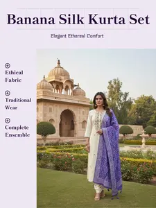 Premium Banana Silk Embroidered Kurti Pant Dupatta Set