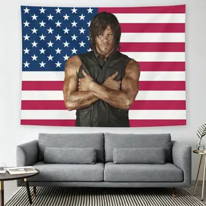 Daryl Dixon Red White & Blue American Flag Wall Flag, The Walking Dead Print, Mid-century Modern Black Flash Manga Style, Y2K Aesthetic, For Adult Fans, TV Show Decor, Man Cave Living Room Tapestry
