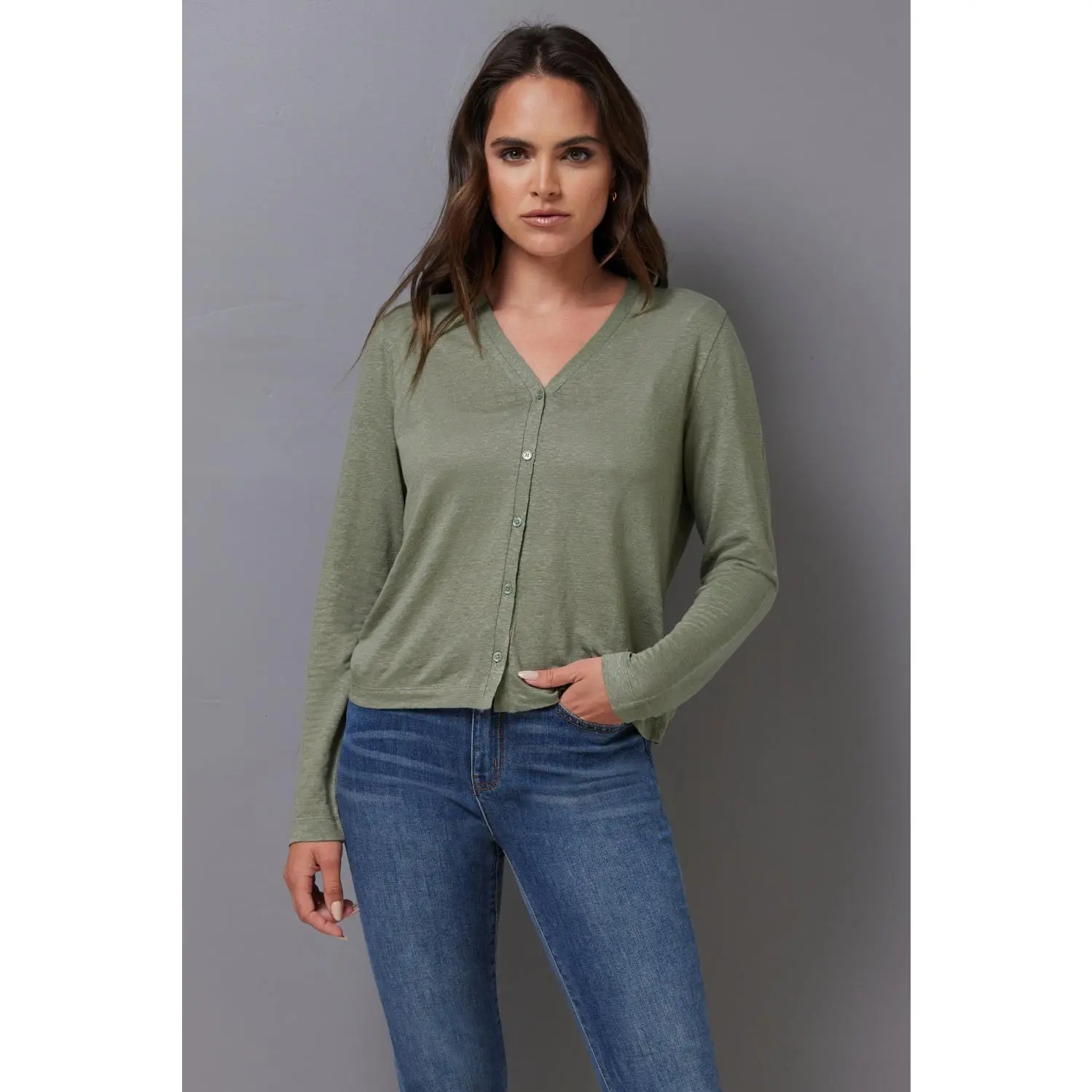 Majestic Stretch Linen Cardigan in Kaki