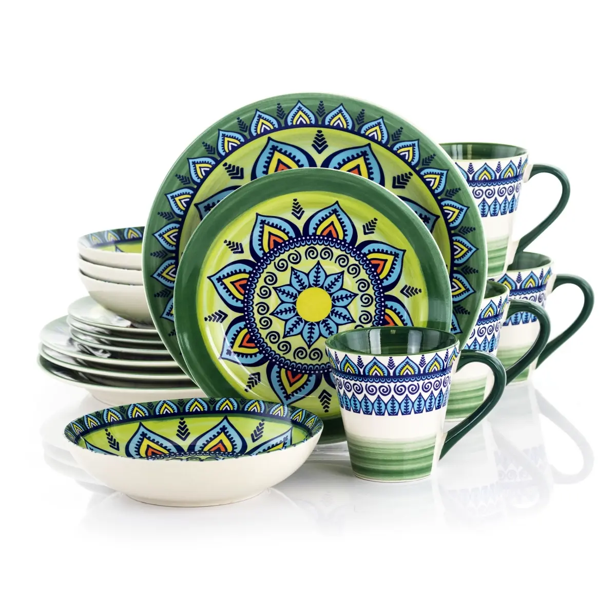 Elama Zen Mozaik Bohemian Luxurious Stoneware Dishes Set - 16-Piece Complete 4-Person Dinnerware Setting, Green