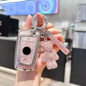 ACEBOY For BMW Key Fob Cover With Fashionable Zirconia Wristlet KeyChain,Enchanting Diamond Patterns Soft Case For X3/4/6 GT3/5 M3 1/3/4/5/7 Series Smart Key