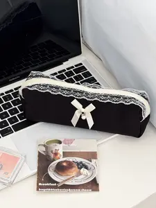2026Black Velvet Lace Pencil Pouch, French Style Cosmetic Bag with Pearl Bow, Elegant Storage Bag for Stationery & Makeup, Aesthetic Organizer for Girls & Women