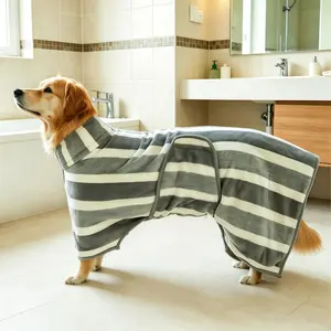 Quick-Drying Dog Bathrobe, Super Absorbent No Shedding Pet Dressing Gown with Adjustable Magic Tape, Soft Striped Dog Towel for Small Medium Large Dogs,Pet Bath Robe with Neck Buckle Dog Bath Accessories for After Bath/Swim/Walk