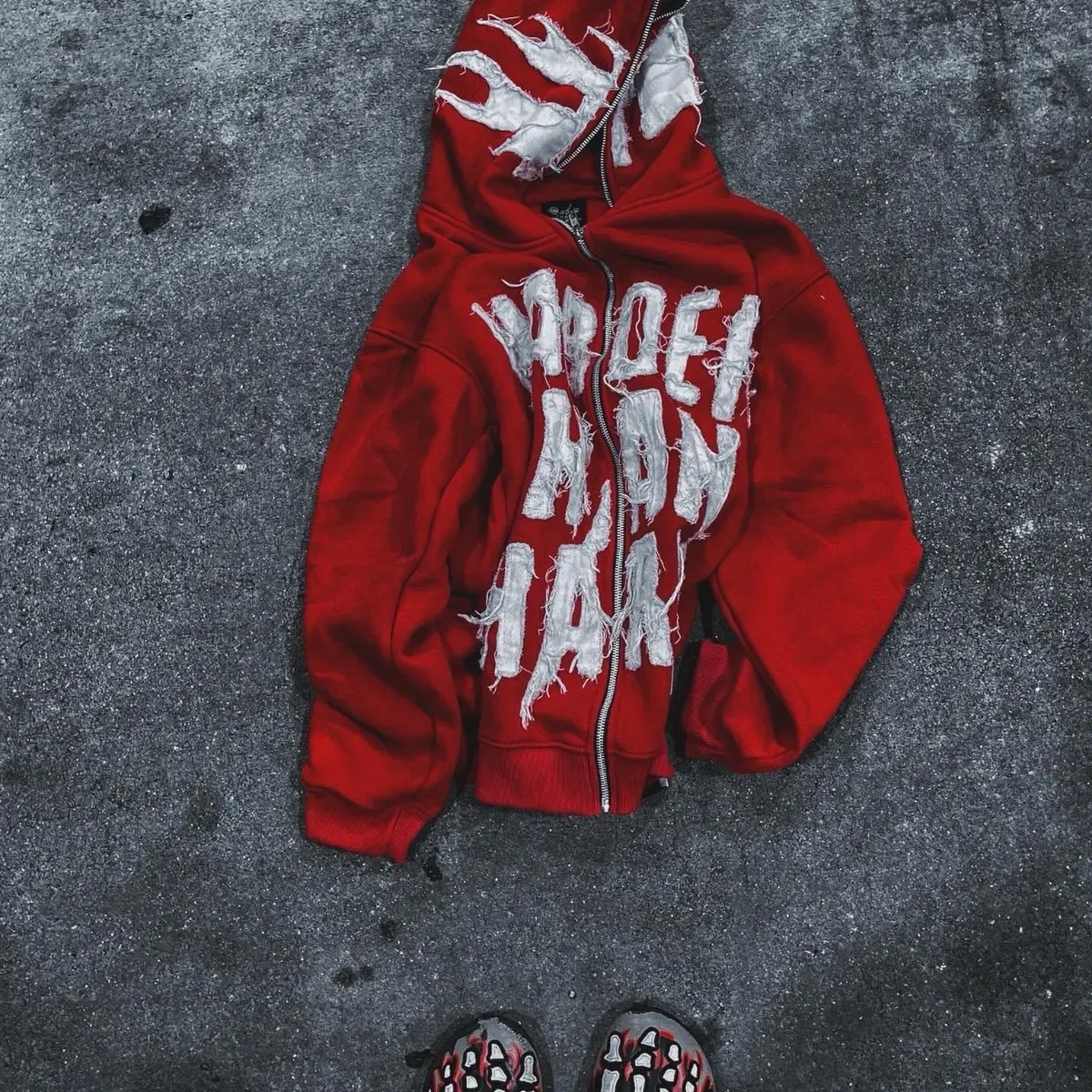 lukamachainパーカー レッド xs y2k drip ストリート Red HarderThanHard Distressed Full Zip Hoodie y2k - TikTok Shop