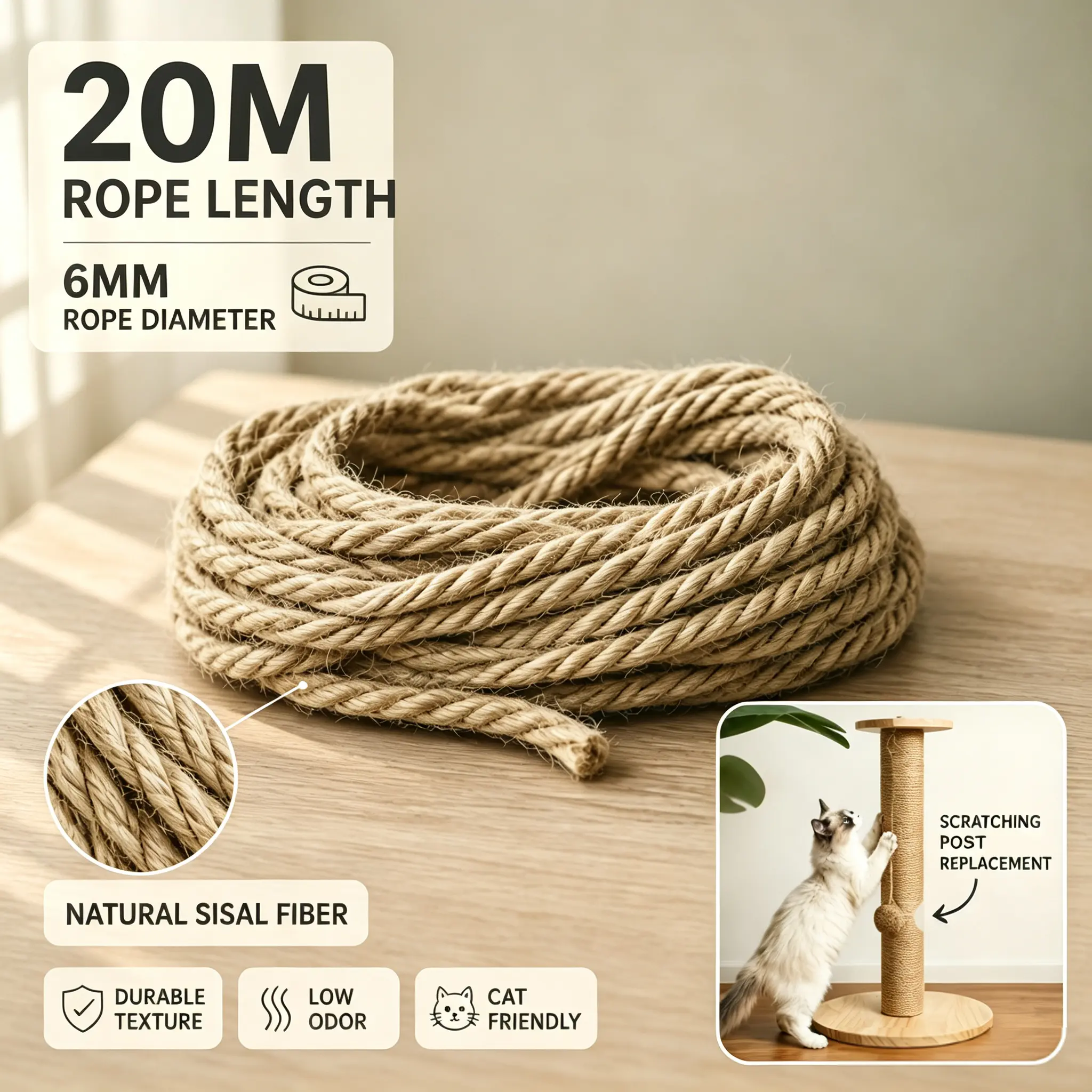 6mm Natural Jute Rope, Thick Braided Rope for DIY Crafts, Cat Scratcher Repair, Gardening Projects & Camping Accessories