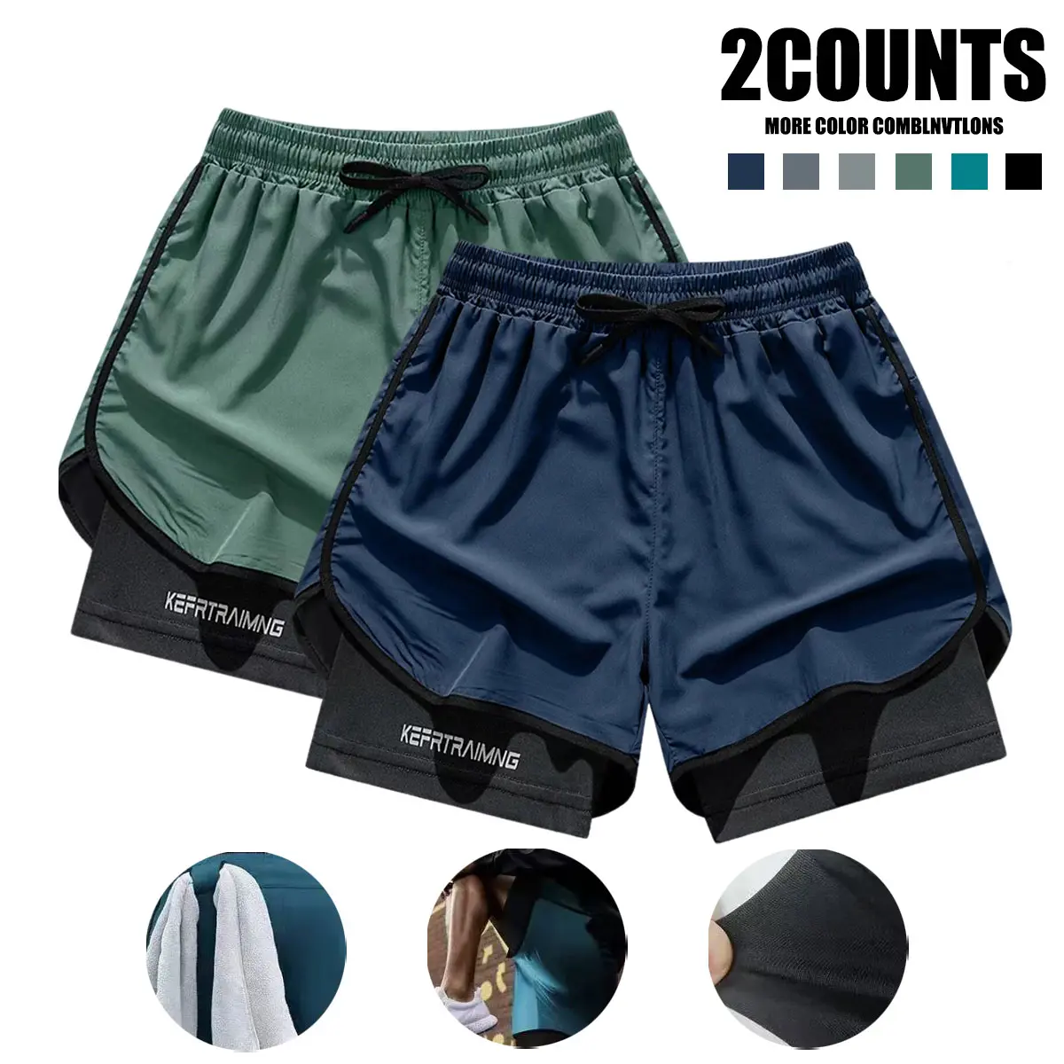 2-pack men’s sports casual running shorts—double-layer anti-exposure design, breathable, quick-drying; suitable for basketball, gym, beach, and outdoor activities; stylish design, high-quality construction; exclusive for fitness enthusiasts.