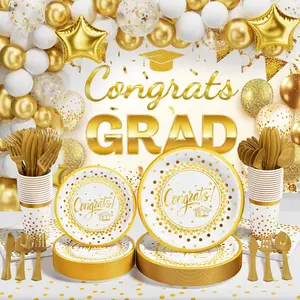 2026 Graduation Decorations - 245 count Grad Disposable Dinnerware(Serve 25) & Graduation Party Supplies With Congrats Paper Plate Cup Napkin Cutlery Tablecloth Backdrop Balloon Kit - White