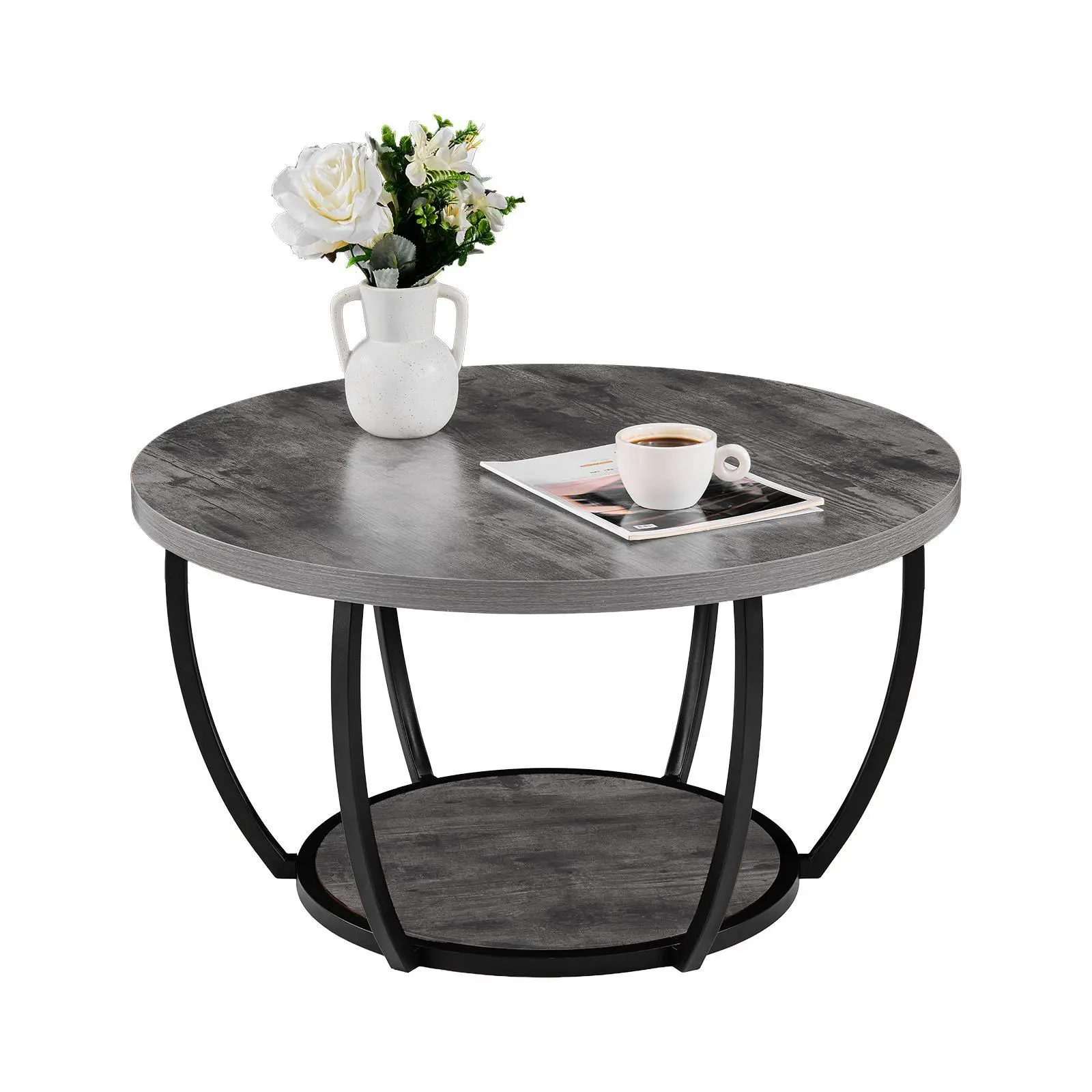 【Auction】VEVOR Coffee Table, Modern Round Coffee Table, 2 Tiers Wooden Circle Center Desk with Open Storage, Minimalist Sturdy Metal Frame Accent End Desk for Living Room, Office, Easy Assembly, Grey