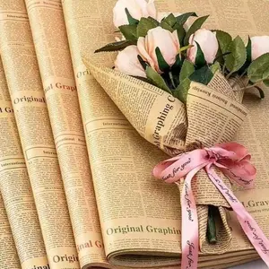 Vintage English Newspaper Print Kraft Paper Bouquet Wrapping Paper, 50x70cm, Floral Gift Packaging Material, Wedding Birthday Party DIY Craft Supplies
